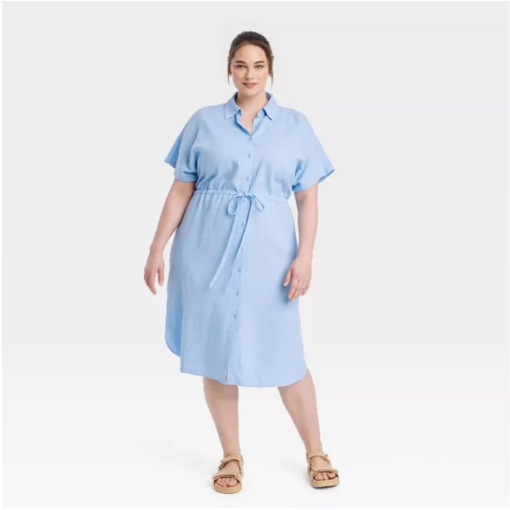 Women's Short Sleeve Linen Midi Shirtdress - A New Day™Blue New With Tags XXL, L